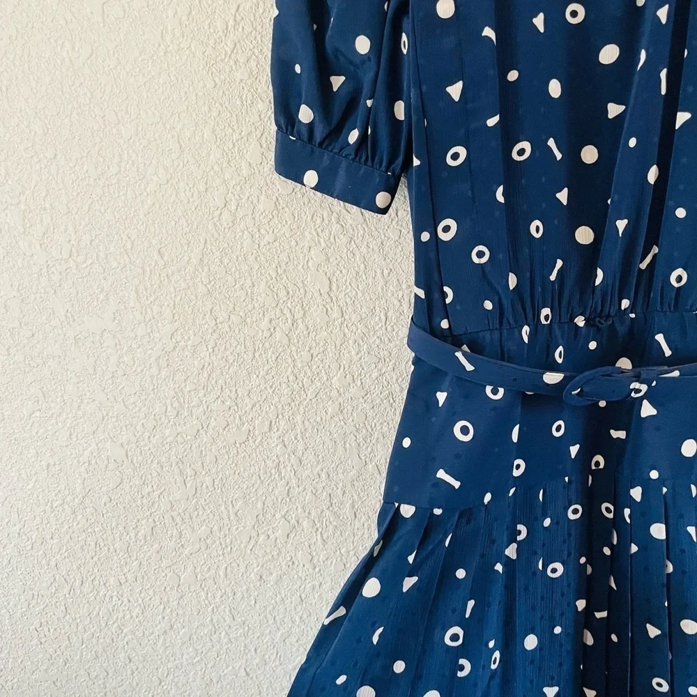 Vintage Liz Claiborne Navy Blue Button Back Abstract Print Pleated Midi Dress - Picture 10 of 16